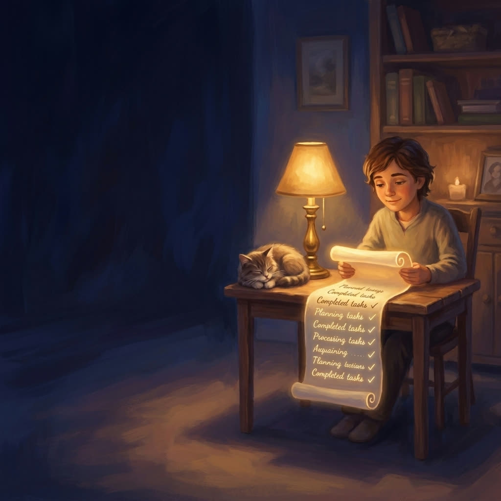 A reviewer reads the day's finished work by lamplight