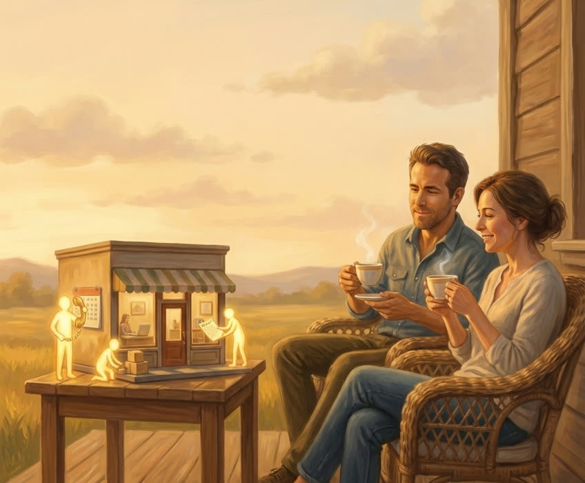 A couple rests with tea while tiny figures of light run their miniature shop