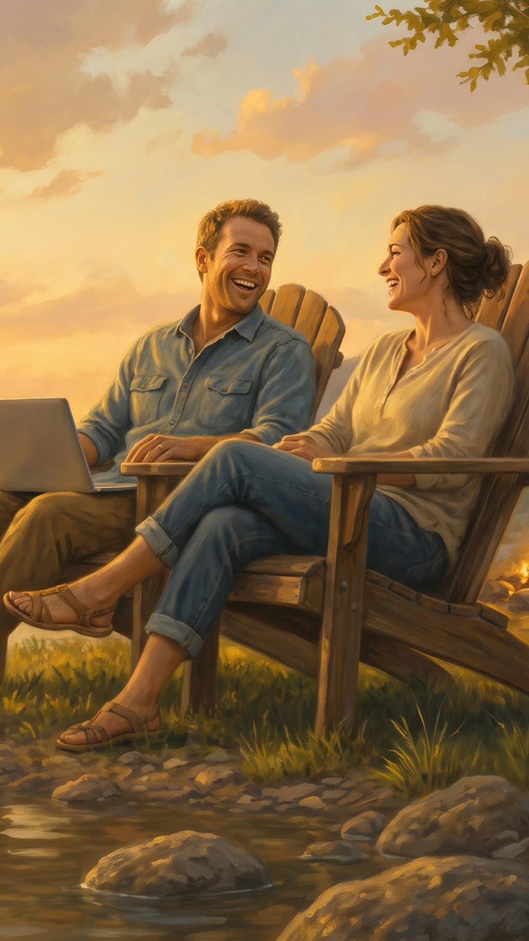 A founder relaxing lakeside with his family at golden hour, laptop set aside