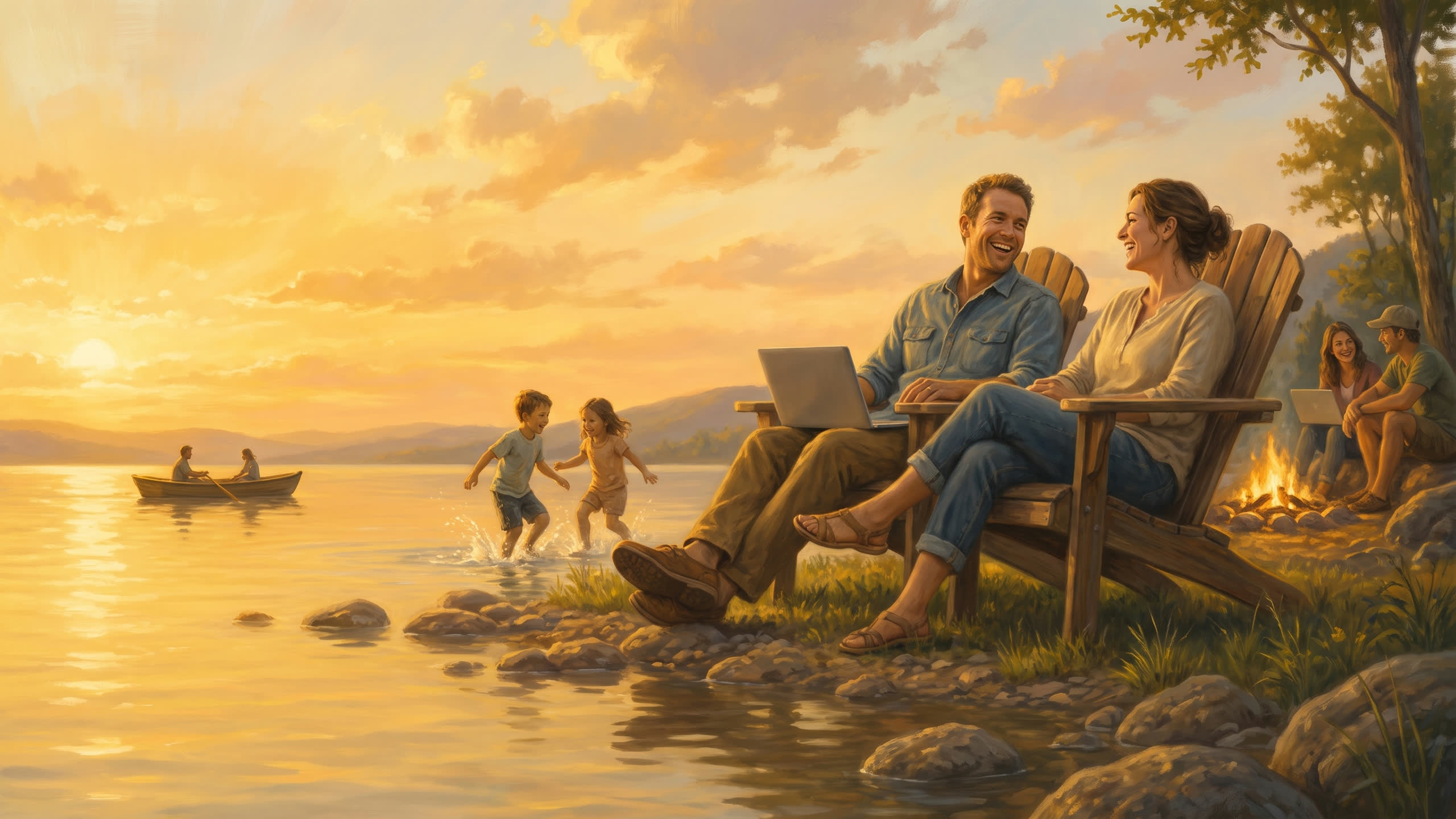 A founder relaxing lakeside with his family at golden hour, laptop set aside