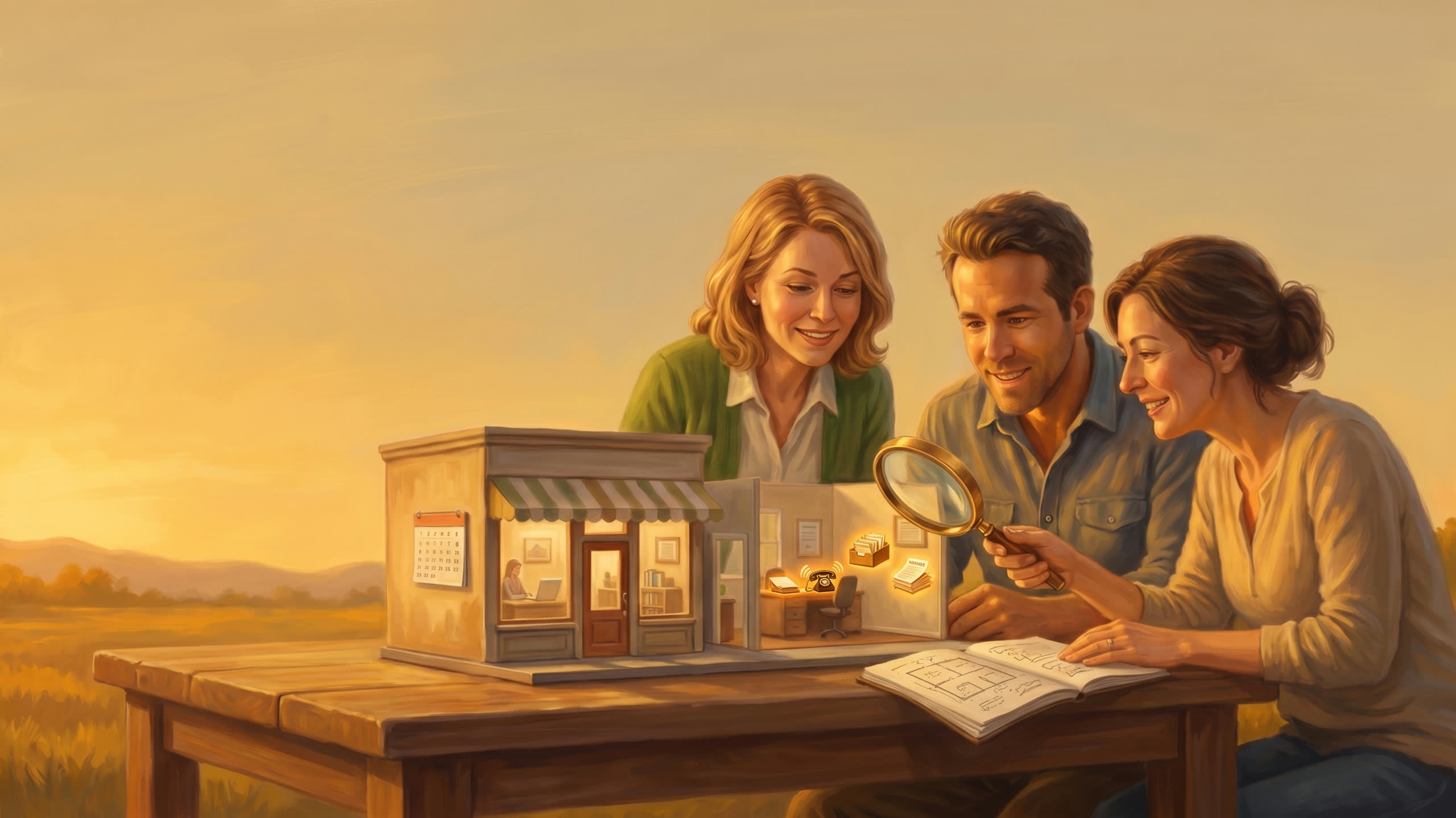 A couple and an advisor study a miniature of their business with a magnifying lens