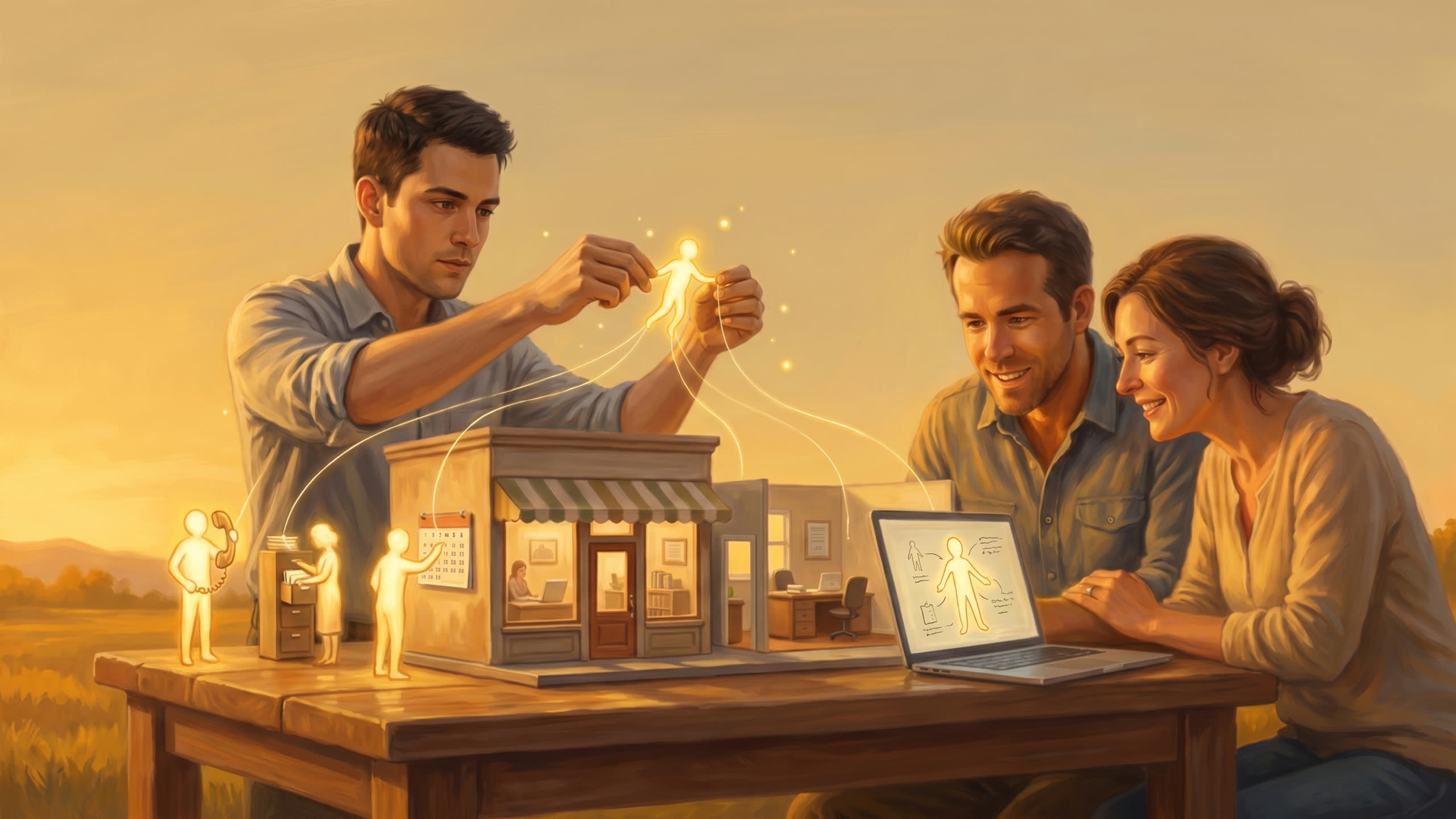 An advisor weaves a new employee out of golden light above a miniature business