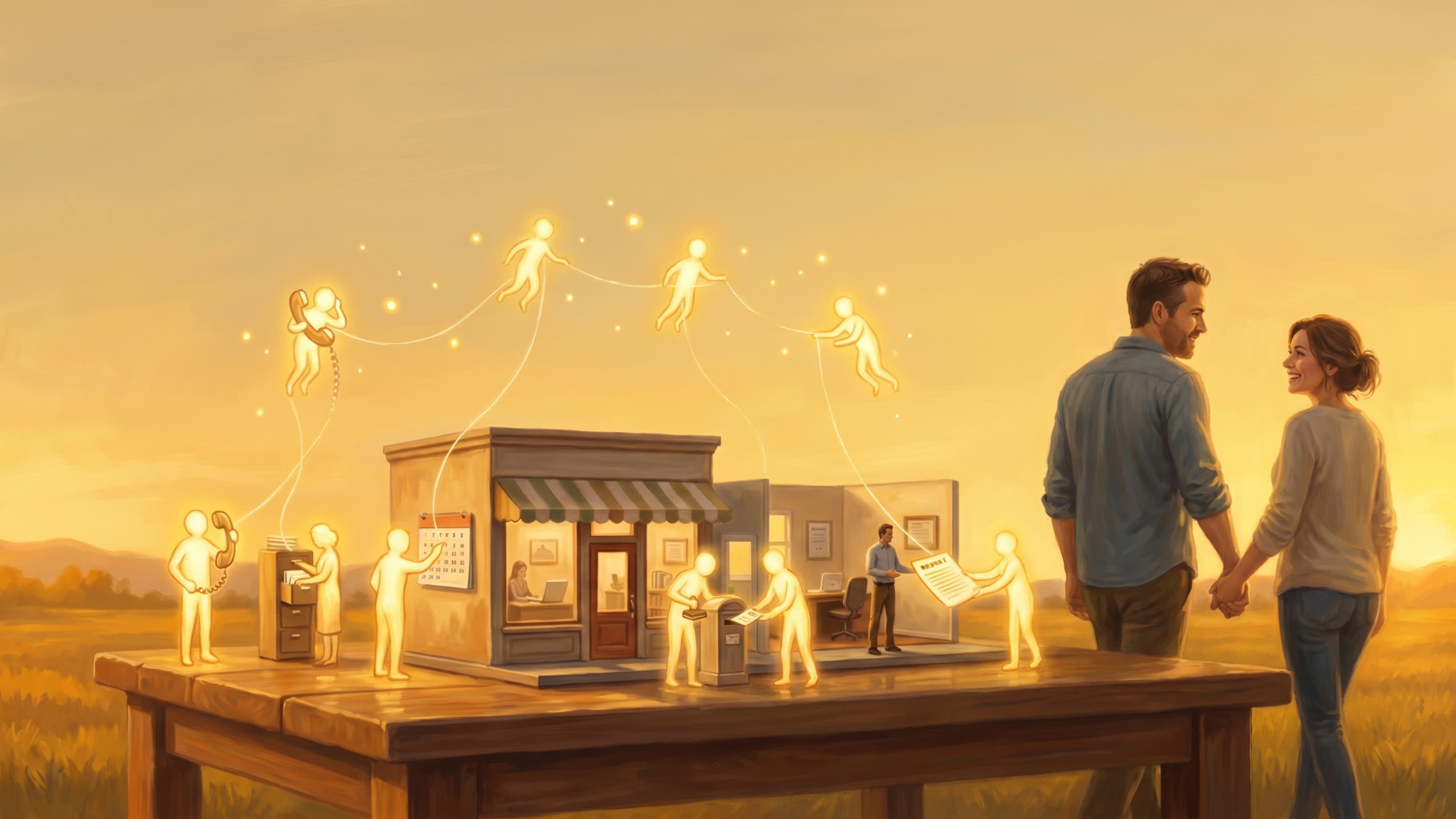 Figures of light run the miniature business while the couple walks away