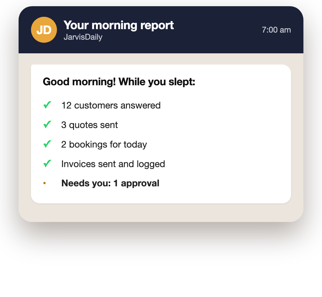 A WhatsApp morning report listing the night's finished work